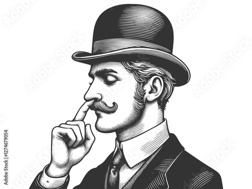 gentleman in a bowler hat and suit, humorously picking his nose in a classic etching style sketch engraving generative ai vector illustration. Scratch board imitation. Black and white image.