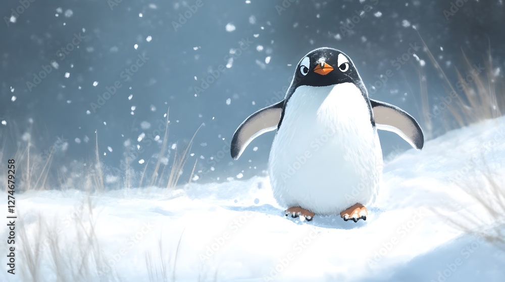 Fototapeta premium A penguin waddling happily through the snow