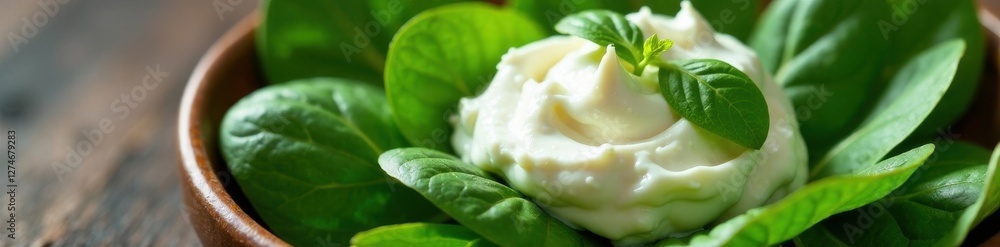 Close-up of fresh spinach leaves and ricotta cheese in a bowl, ricotta, green leafy vegetables, ingredients Close-up of fresh spinach leaves and ricotta cheese in a bowl, ricotta, green leafy vegetables, ingredients