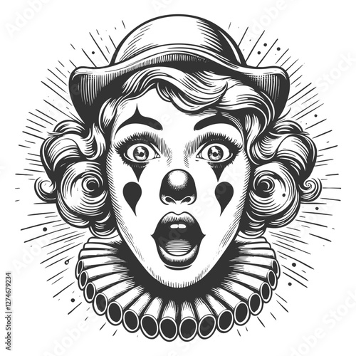 shocked female clown with expressive eyes, curly hair, theatrical makeup, evoking circus nostalgia sketch engraving generative ai vector illustration. Scratch board imitation. Black and white image.