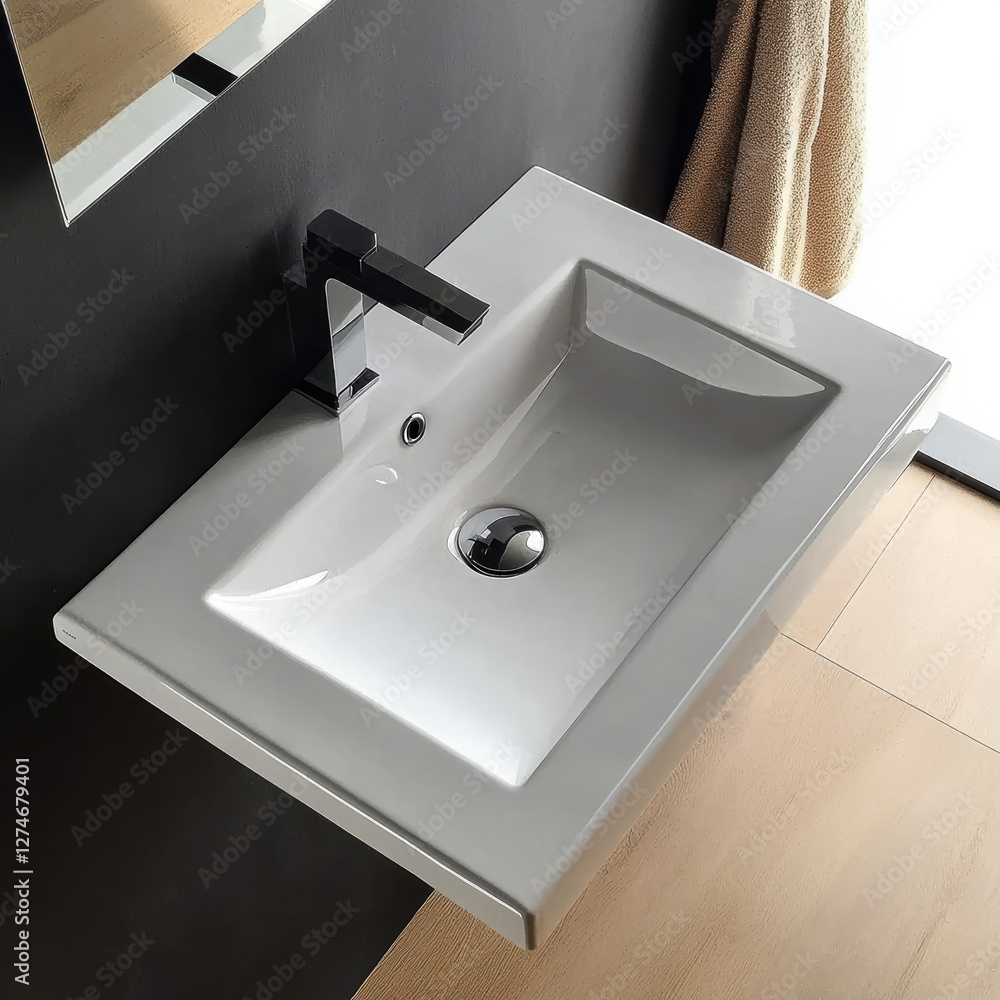 Fototapeta premium The bathroom showcases a contemporary white sink with clean lines, accompanied by a stylish black faucet. The setting is elegantly designed with a dark wall and wooden flooring