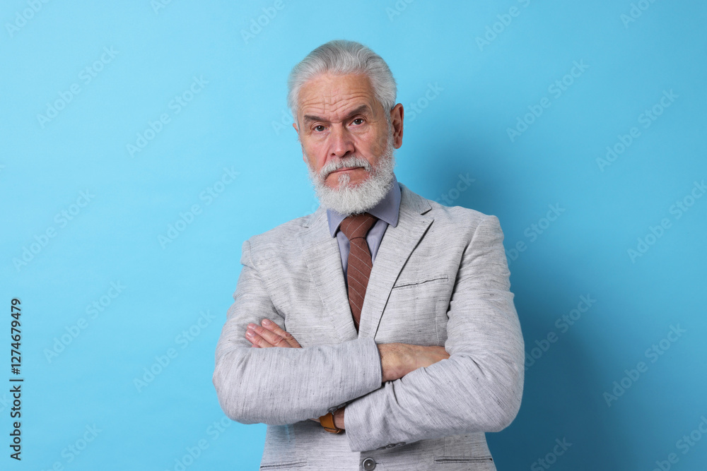 Portrait of serious senior man with silver beard on light blue background Portrait of serious senior man with silver beard on light blue background