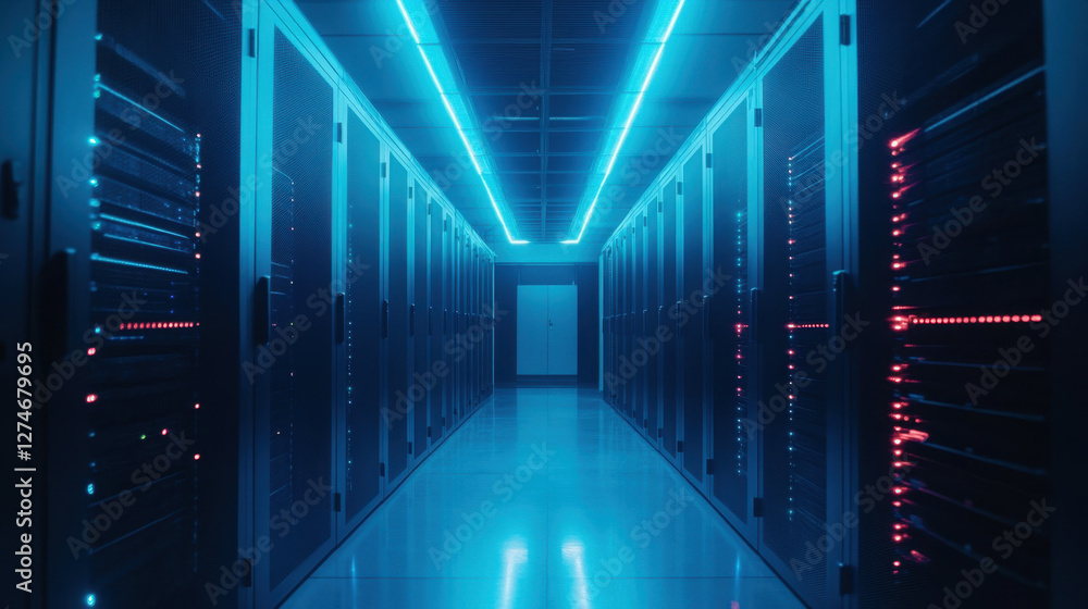Dark modern spacious interconnected servers room blue light. Technology, cloud computing, artificial intelligence, data protection, cyber security concept Dark modern spacious interconnected servers room blue light. Technology, cloud computing, artificial intelligence, data protection, cyber security concept