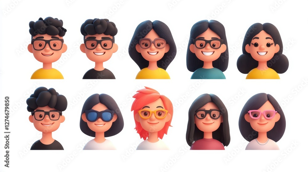 Smiling cartoon avatars: diverse group of young adults with glasses and hairstyles Smiling cartoon avatars: diverse group of young adults with glasses and hairstyles