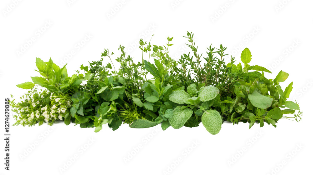 Obraz premium Various fresh culinary herbs forming a horizontal border on transparent background, ideal for food and drink related designs