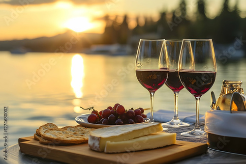 Wine and cheese setup by the waterfront at sunset, offering a peaceful and relaxing atmosphere photo