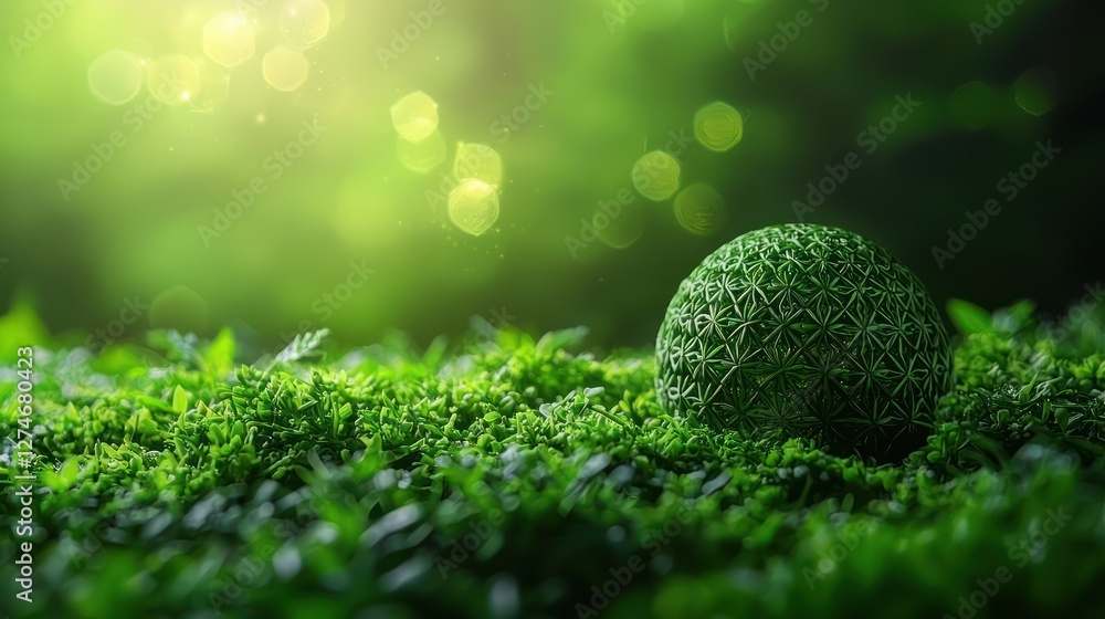 Green sphere on moss, forest background, nature concept, environmental image Green sphere on moss, forest background, nature concept, environmental image