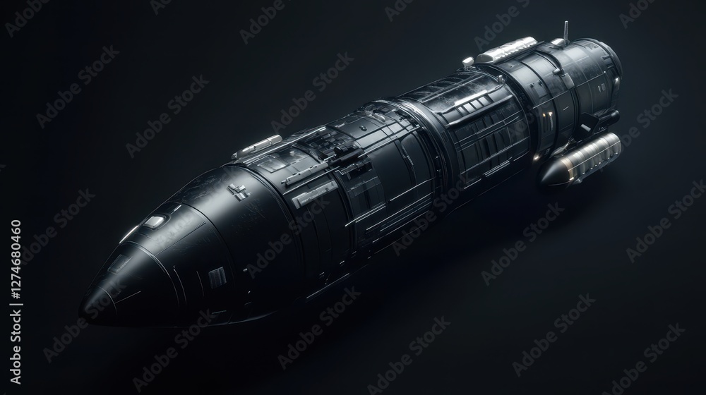 Sleek futuristic black spaceship design with metallic details in dark space environment