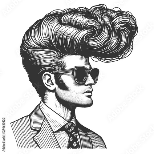 fashionable man with exaggerated, voluminous hair and a beard, wearing sunglasses and a tuxedo, surrealism with vintage aesthetics sketch engraving generative ai vector. Scratch board. Black and white