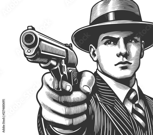 serious-faced gangster in a fedora and pinstripe suit, aiming handgun directly forward in a dramatic noir-style pose sketch engraving generative ai vector illustration. Scratch board. Black and white