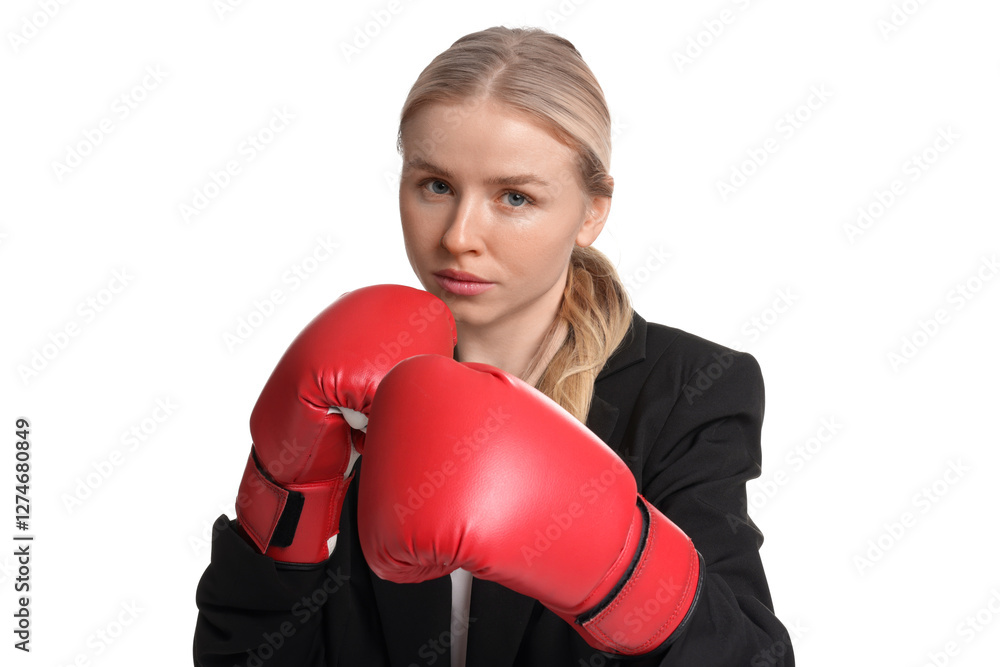 Competition. Businesswoman in suit wearing boxing gloves on white background Competition. Businesswoman in suit wearing boxing gloves on white background