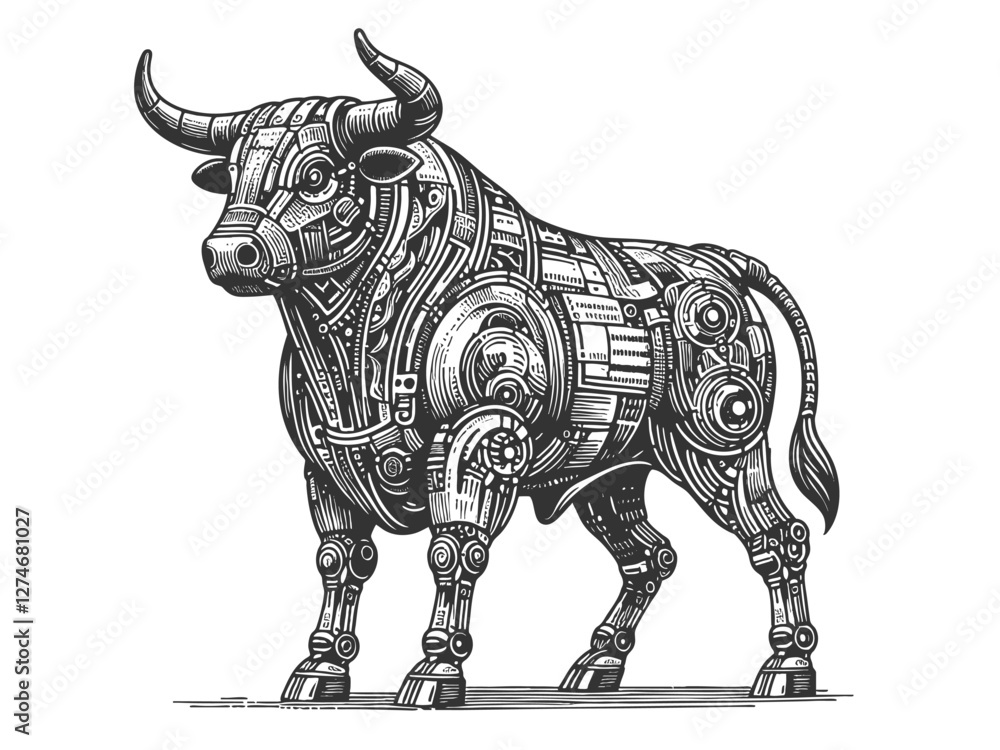 cybernetic bull with mechanical components, gears, and futuristic robotic details in steampunk style sketch engraving generative ai vector illustration. Scratch board imitation. Black and white image.