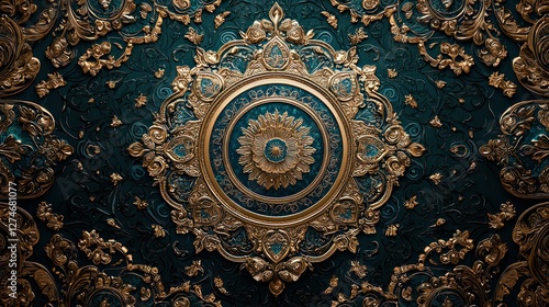 Ornate gold and teal ceiling medallion, intricate design, luxury interior, background pattern