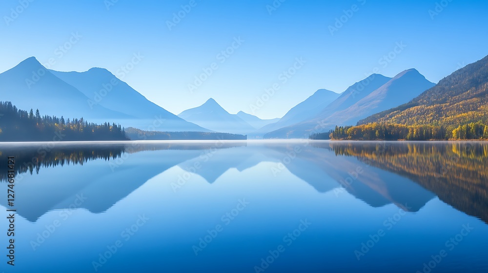Fototapeta premium Serene mountain lake reflecting autumnal colors and peaks