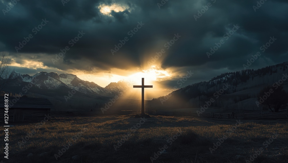 A cross is silhouetted against the sky, with rays of sunlight piercing through the dark clouds over the mountains in the background Generative AI A cross is silhouetted against the sky, with rays of sunlight piercing through the dark clouds over the mountains in the background Generative AI