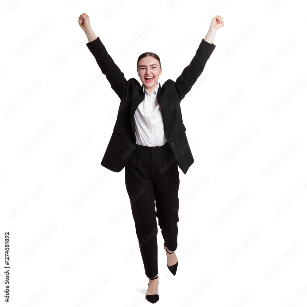 Business competition. Happy woman running on white background Business competition. Happy woman running on white background