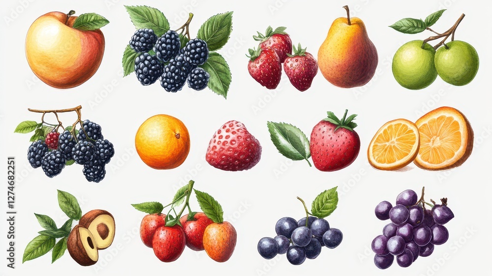 Assorted fruits collection: peaches, berries, pears, oranges, cherries, and grapes on white background Assorted fruits collection: peaches, berries, pears, oranges, cherries, and grapes on white background