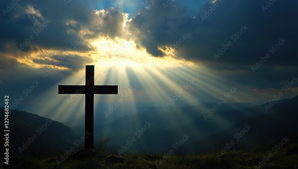 Fototapeta premium A cross is silhouetted against the sky, with rays of sunlight piercing through the dark clouds above it and mountains in the background Generative AI