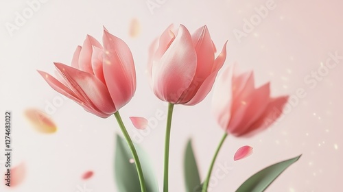 Close-up of three pink tulips with falling petals on a soft pastel background