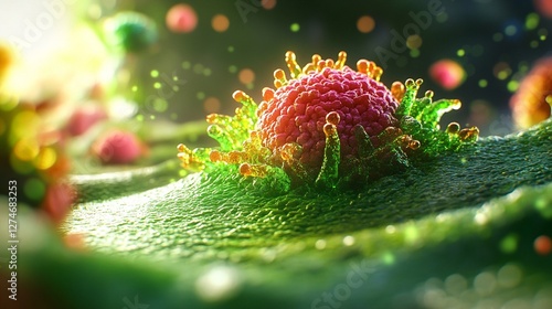 Microscopic view of a coronavirus particle in vibrant colors against green cell surface, with bokeh light effects creating dramatic scientific visualization atmosphere