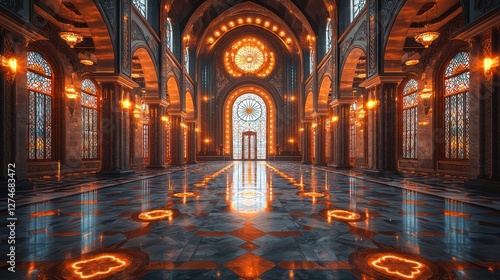 Grand hall, ornate architecture, glowing lights, marble floor, fantasy setting; game background
