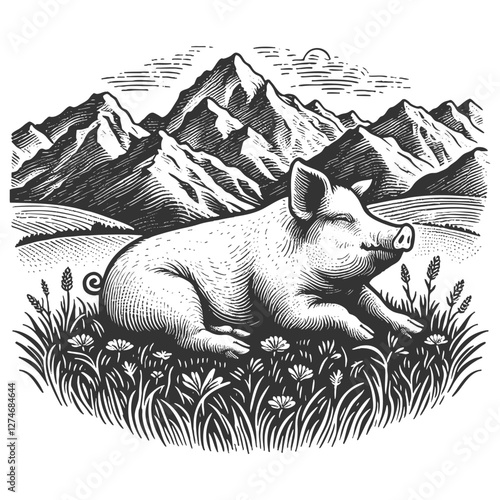 pig peacefully resting in alpine meadow, surrounded by wildflowers and mountains, rustic and pastoral charm sketch engraving generative ai vector illustration. Scratch board. Black and white image.