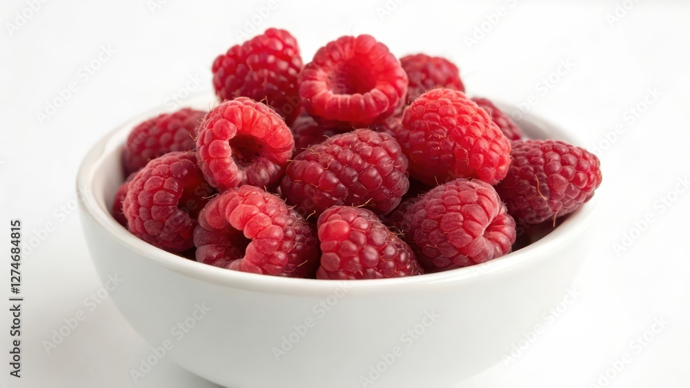 Raspberries in Bowl, White Background Raspberries in Bowl, White Background
