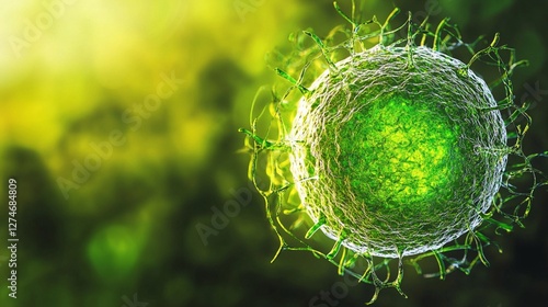 Microscopic view of a glowing green virus cell structure with detailed surface proteins against blurred natural background, scientific research visualization concept.