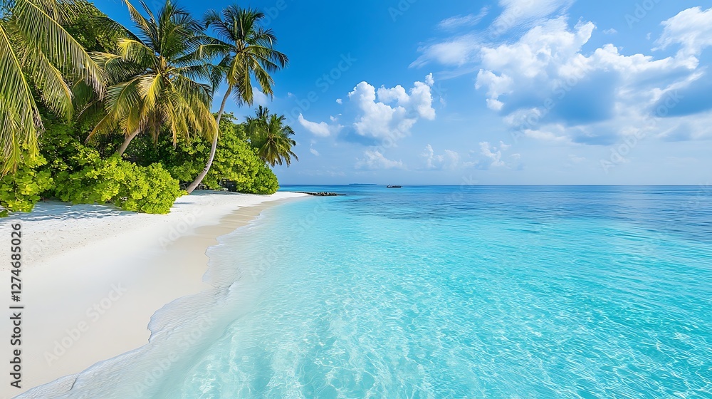 Naklejka premium Idyllic Tropical Beach Scene With Palm Trees And Turquoise Water