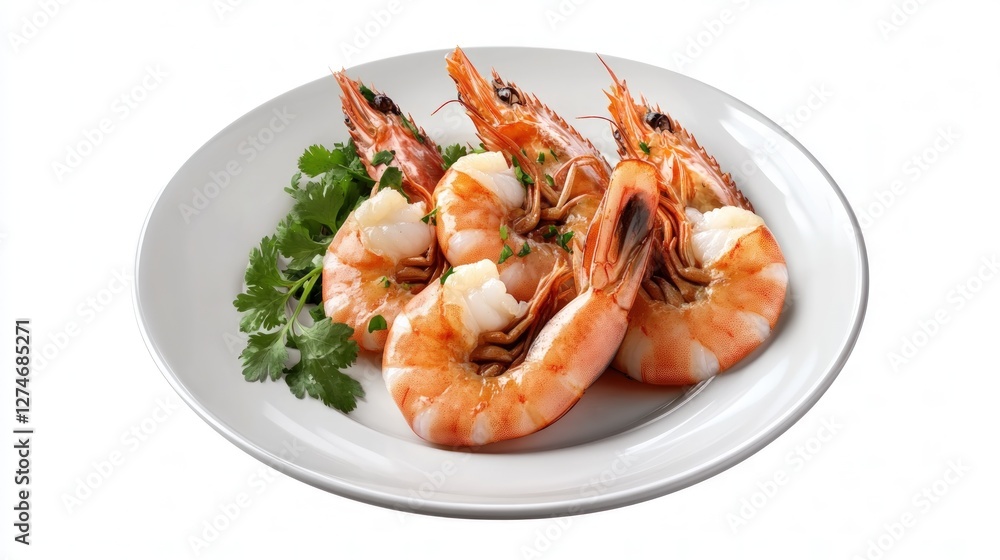 Cooked prawns, parsley garnish, white plate, studio shot, food menu Cooked prawns, parsley garnish, white plate, studio shot, food menu