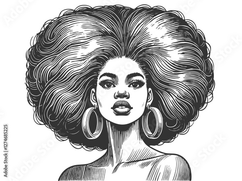 woman with a voluminous afro hairstyle and hoop earrings, exuding strength, beauty, and vintage artistic elegance sketch engraving generative ai vector illustration. Scratch board. Black and white.