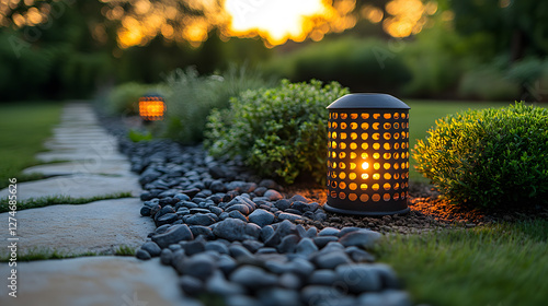 Elegant garden pathway illuminated by lanterns at sunset, surrounded by greenery and stone elements