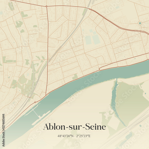 Vintage map of Ablon-sur-Seine, France.