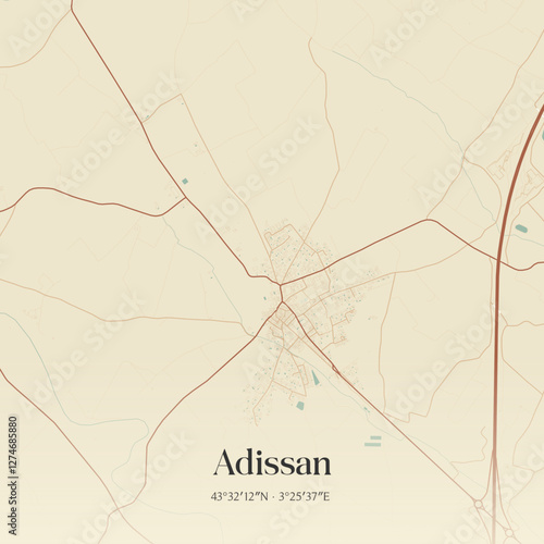 Vintage map of Adissan, France.