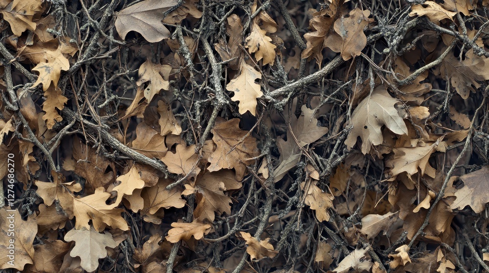 Autumn oak leaves and twigs creating a dense forest floor texture Autumn oak leaves and twigs creating a dense forest floor texture