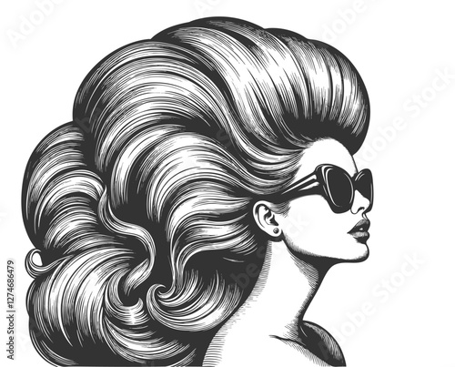 stylish woman with voluminous hair, wearing sunglasses, in a retro fashion-inspired vintage etching sketch engraving generative ai vector illustration. Scratch board imitation. Black and white image.