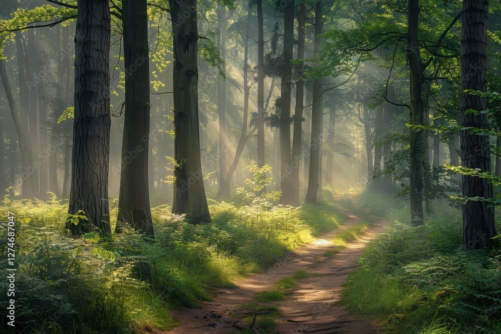 Obraz premium Bright and serene forest path inviting exploration with lush greenery and vibrant flowers during daytime in a peaceful natural setting