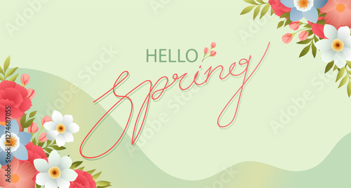 Hello Spring background. Spring season sale banner with blooming flowers and lettering on green background. Vector illustration design for poster, banner, flyer, card, social media post, promotion.
