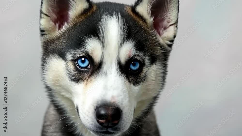 Blueeyed husky puppy expressing curiosity and playfulness in a closeup sequence Blueeyed husky puppy expressing curiosity and playfulness in a closeup sequence