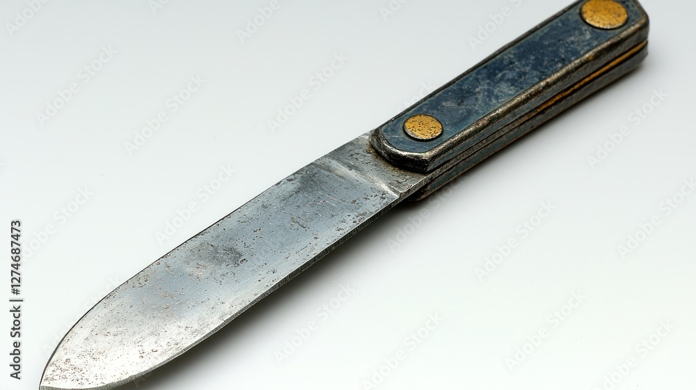 Antique folding knife, worn blade, grey background, studio shot, historical artifact Antique folding knife, worn blade, grey background, studio shot, historical artifact