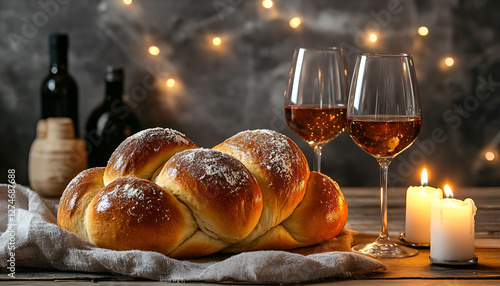 Shabbat or Shabath concept. Challah bread, shabbat wine and candles on table, copy space. Traditional Jewish Shabbat ritual photo