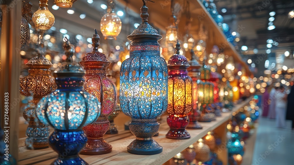 Fototapeta premium Colorful glass lamps on display at a trade show; shoppers in background. Home decor