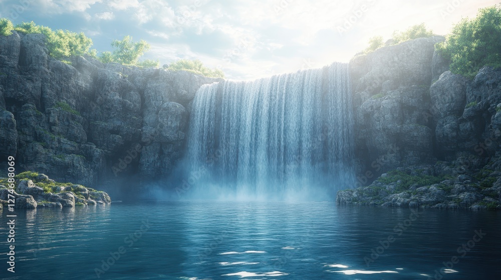 Fototapeta premium Majestic waterfall cascading into serene pool amidst lush greenery under a clear blue sky