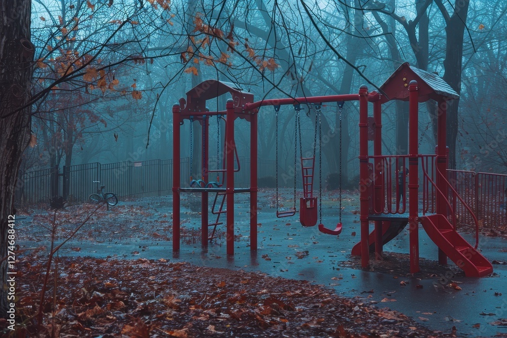 Overgrown playground with empty swings and puddles under a cloudy sky in a secluded area during a rainy day in late spring Overgrown playground with empty swings and puddles under a cloudy sky in a secluded area during a rainy day in late spring