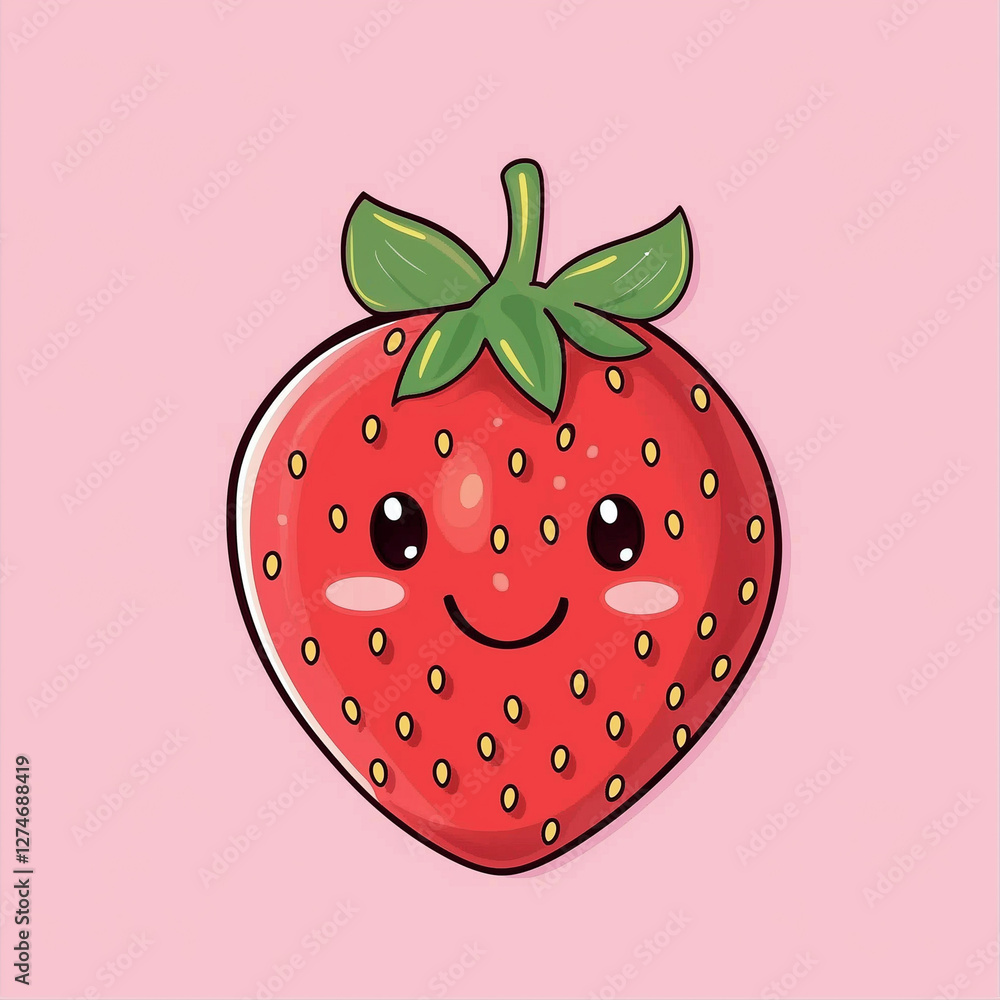 Obraz premium Cute kawaii red strawberry on pink background. Hand drawn vector illustration