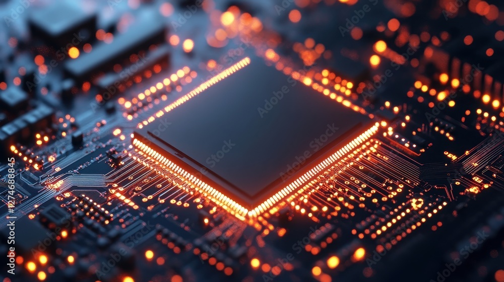 Glowing microchip on circuit board with orange neon lights in a futuristic tech environment Glowing microchip on circuit board with orange neon lights in a futuristic tech environment