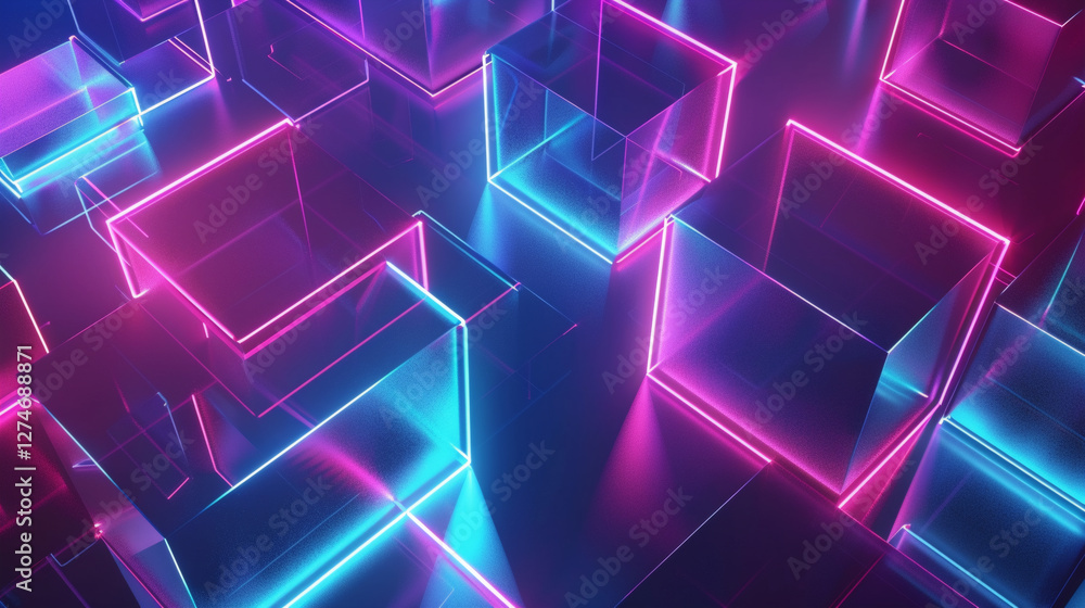 Glowing 3D Neon Cubes in Futuristic Digital Space Glowing 3D Neon Cubes in Futuristic Digital Space