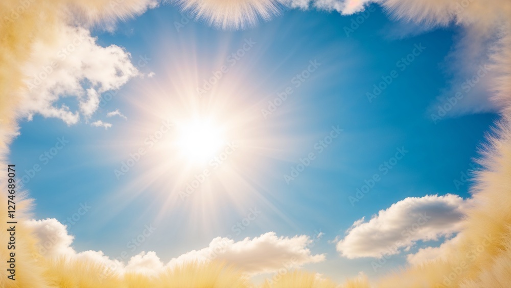 A radiant sunburst shines through soft, fluffy clouds in the sky. A radiant sunburst shines through soft, fluffy clouds in the sky.
