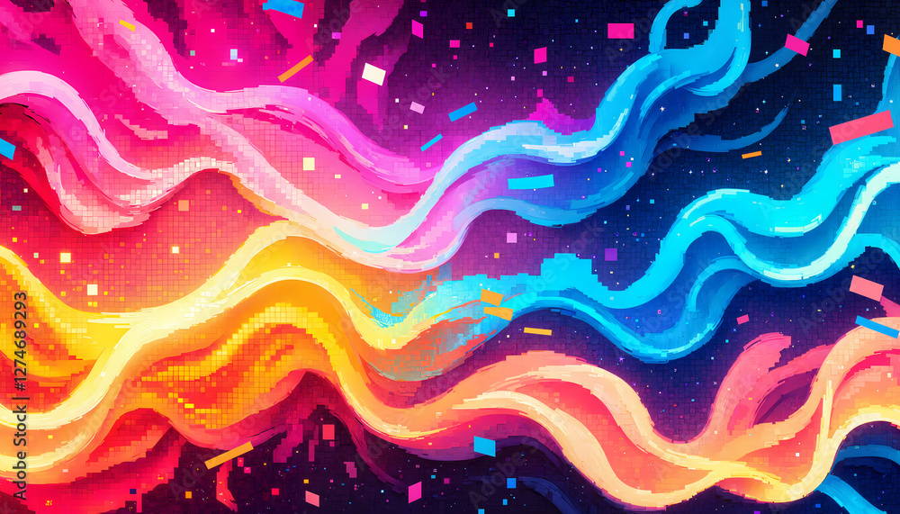 Vibrant digital waves with pixelated glowing texture and scattered neon fragments on deep cosmic background