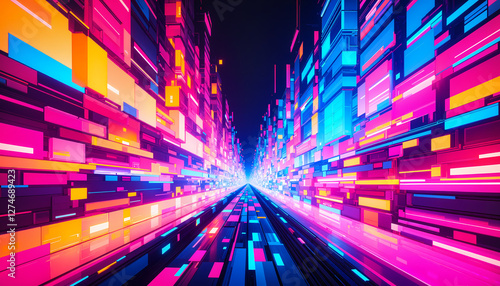 Futuristic neon cyber city with glowing geometric elements and perspective depth creating a digital data highway